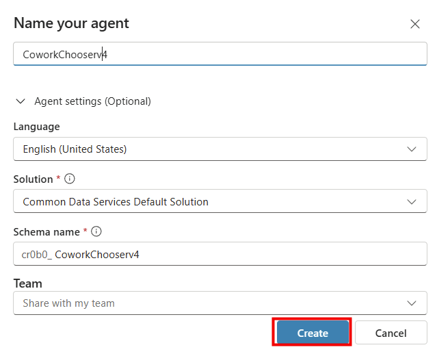 Saisie du nom CoworkChooser dans Copilot Studio