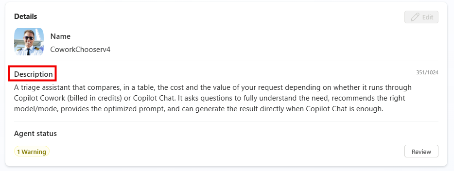 Saisie de la description de l'agent CoworkChooser dans Copilot Studio