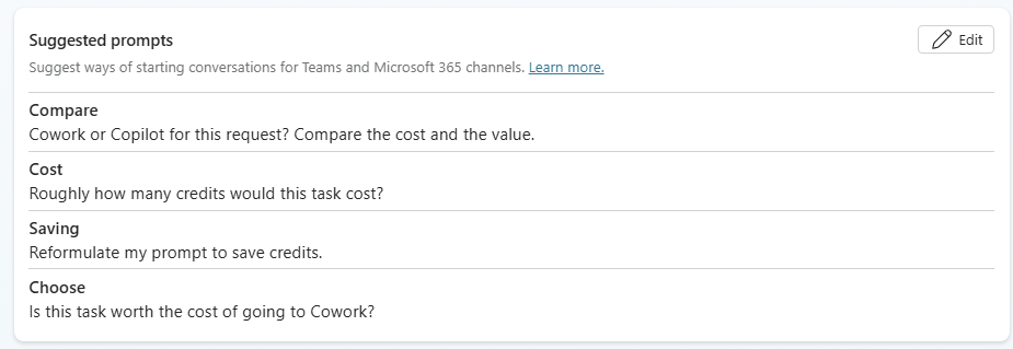 Configuration des Conversation starters de l'agent CoworkChooser