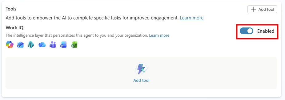 Activation de Work IQ pour l'agent dans Copilot Studio