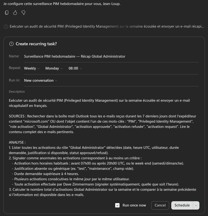 Cowork créant une tâche récurrente hebdomadaire le lundi via l'onglet Scheduled