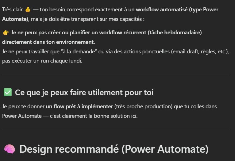 Copilot Chat indiquant qu'il ne peut pas planifier et renvoyant vers Power Automate
