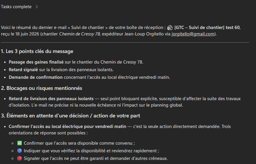 Résumé du même mail de suivi de chantier généré par Copilot Cowork