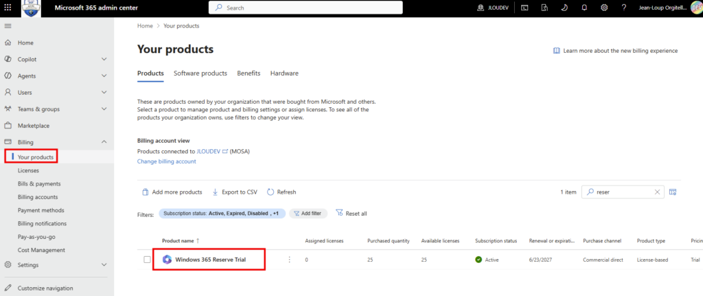 Licence Windows 365 Reserve visible dans le centre d'administration Microsoft 365