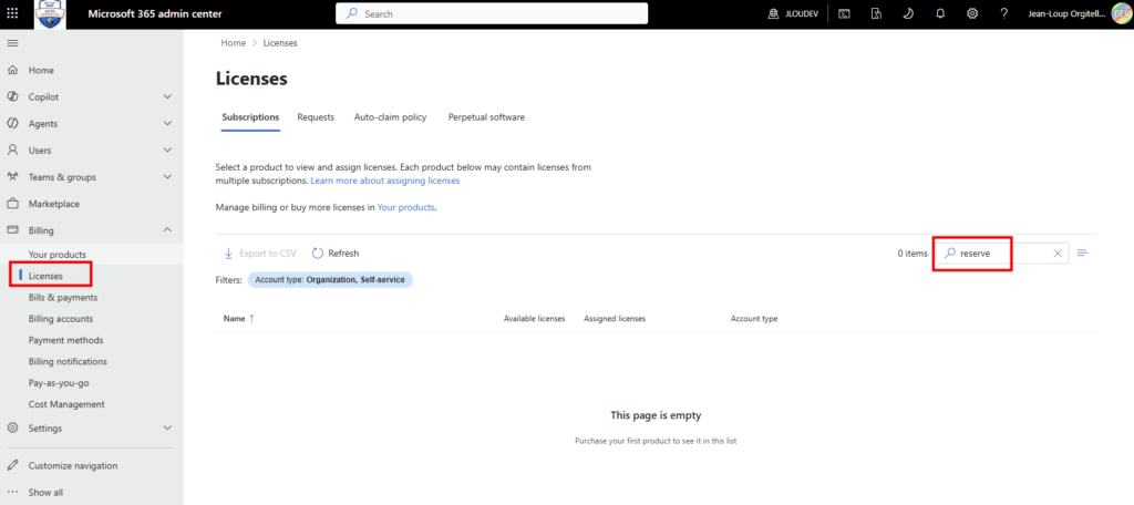 Licence Windows 365 Reserve appliquée au niveau du tenant, sans utilisateur assigné dans le portail Microsoft 365