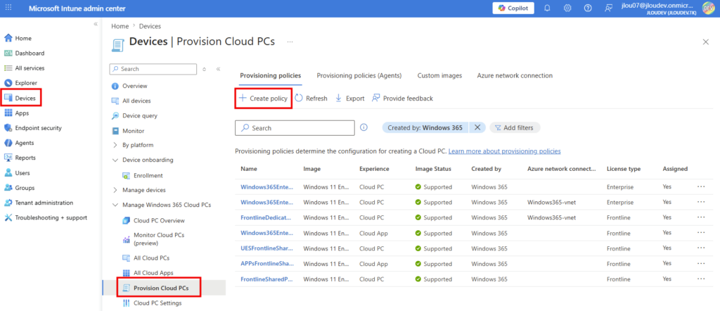 Menu Provision Cloud PCs dans Intune avec le bouton Create policy