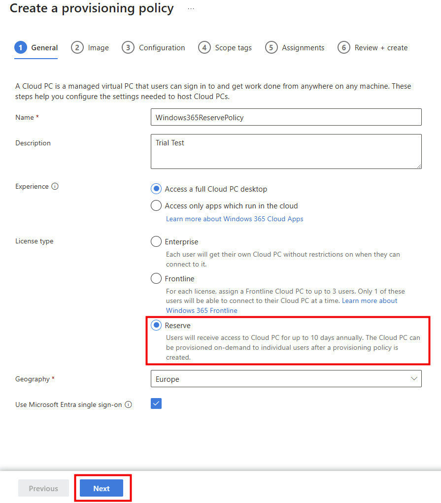 Assistant de provisioning policy Intune : License type Reserve et choix de la Geography