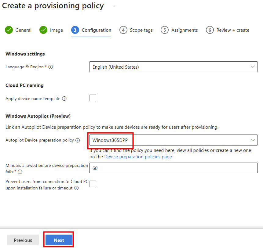 Sélection de la Device Preparation Policy à associer à la provisioning policy Reserve