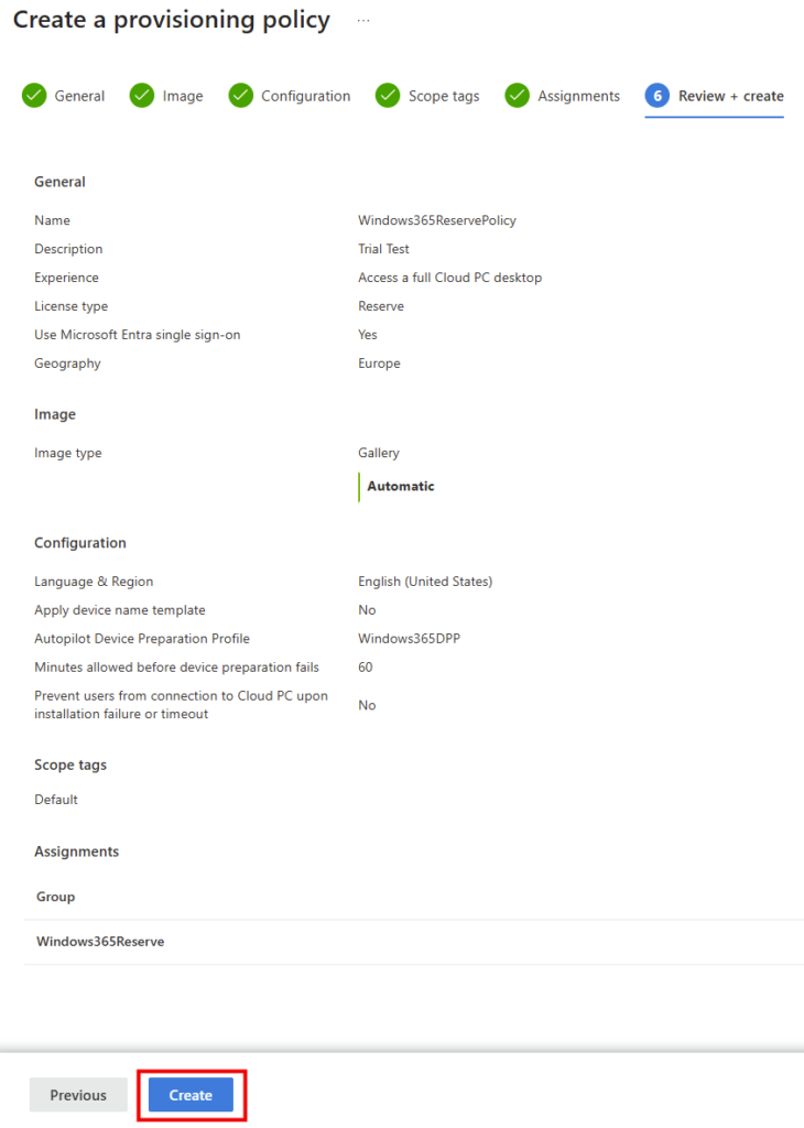 Récapitulatif de la provisioning policy Reserve avant validation par le bouton Create