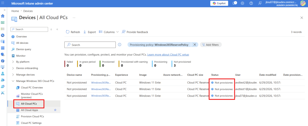 Cloud PC Reserve affichés dans Intune avec un statut d'attente juste après la création de la policy
