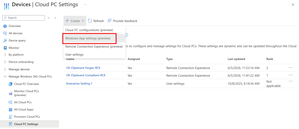 Menu Windows 365 Settings dans Intune avec la création d'un profil Windows App settings