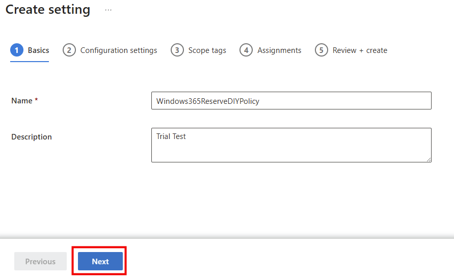 Onglet Basics du profil Windows App settings : nom et description