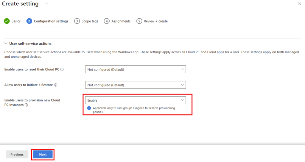 Paramètre Enable users to provision new Cloud PC instances basculé sur Enabled dans Intune