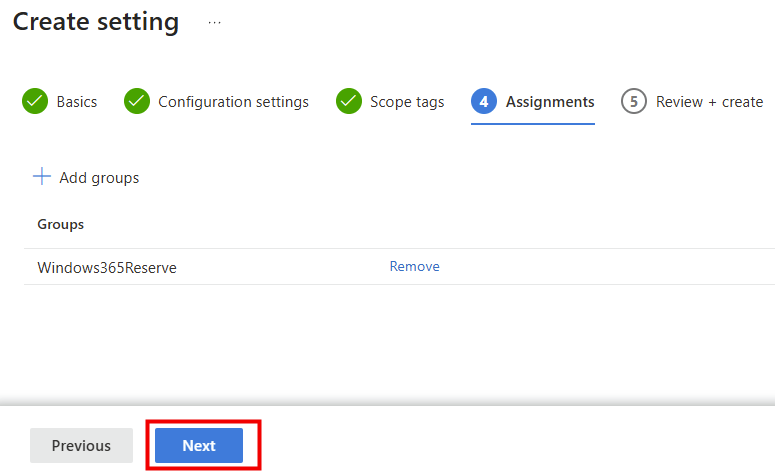 Ajout d'un groupe d'utilisateurs sous Assignments du profil Windows App settings