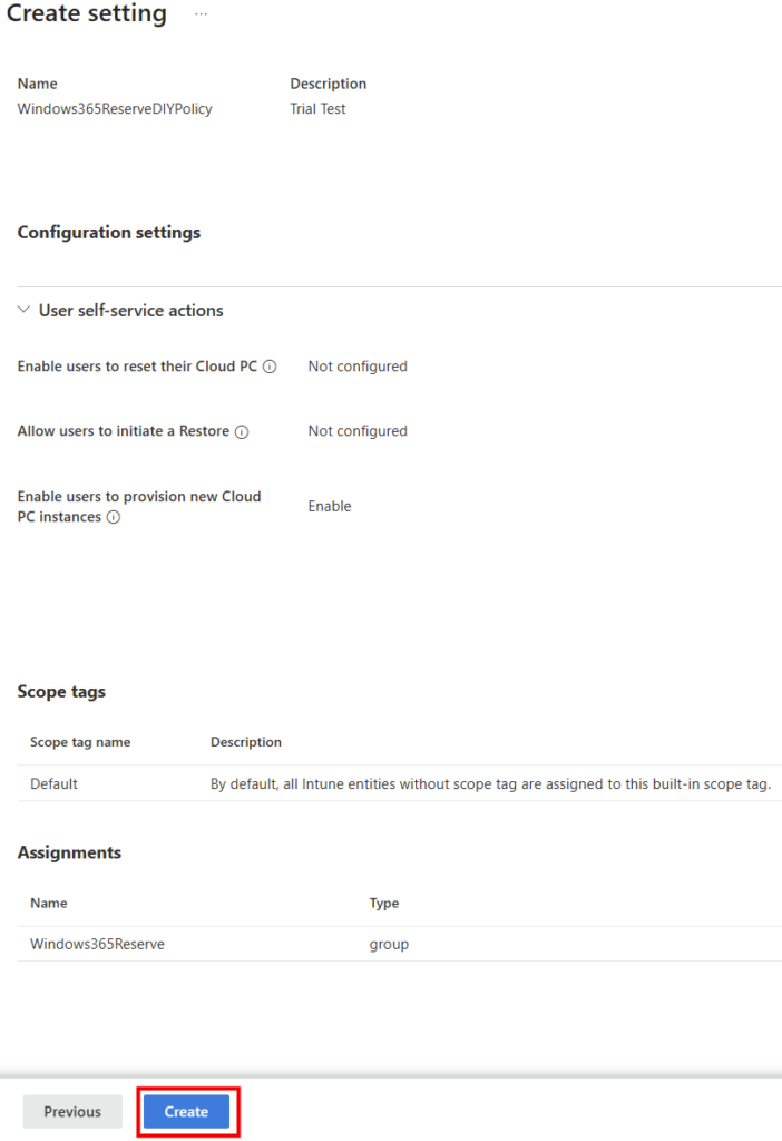 Récapitulatif du profil Windows App settings avant validation par Create