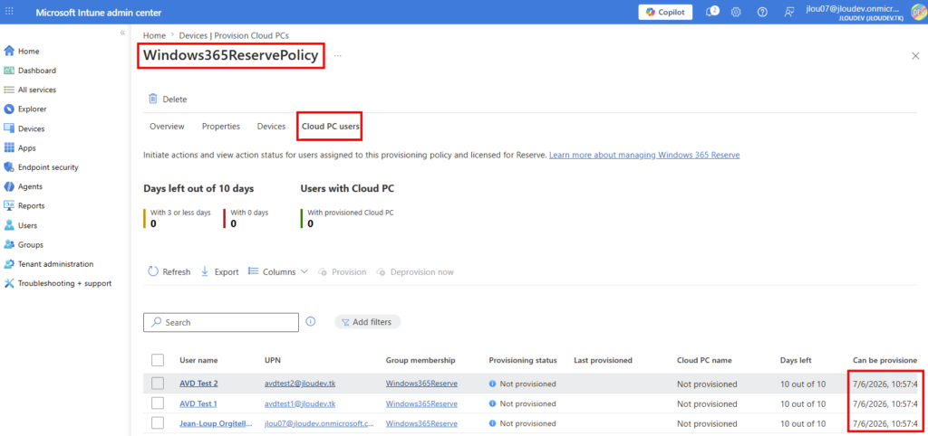 Vue Intune indiquant le début du délai de sept jours avant l'éligibilité au provisioning