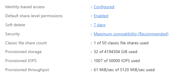 Portail Azure : limites de capacité et de performances partagées au niveau du storage account entre tous les partages