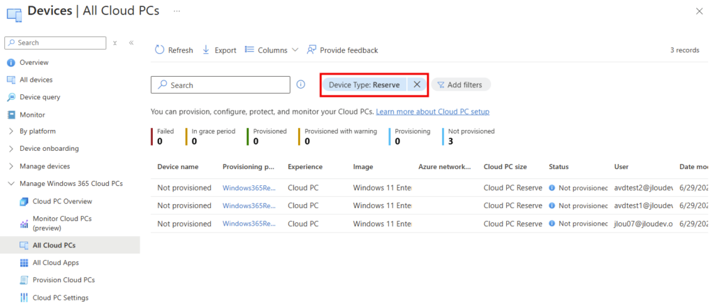 Liste All Cloud PCs dans Intune filtrée sur les Cloud PC de type Reserve