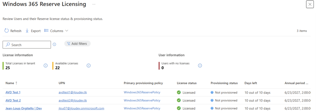 Rapport Windows 365 Reserve licensing dans la vue d'ensemble Windows 365 d'Intune