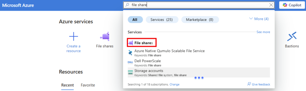 Portail Azure : le hub File shares qui liste les partages comme des ressources autonomes