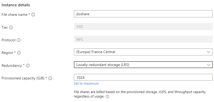 Onglet de la création d'un file share Azure : tier SSD et protocole NFS 4.1 imposés, choix LRS ou ZRS