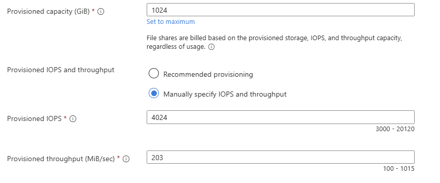 Onglet de la création d'un file share Azure : provisionnement indépendant de la capacité, des IOPS et du débit