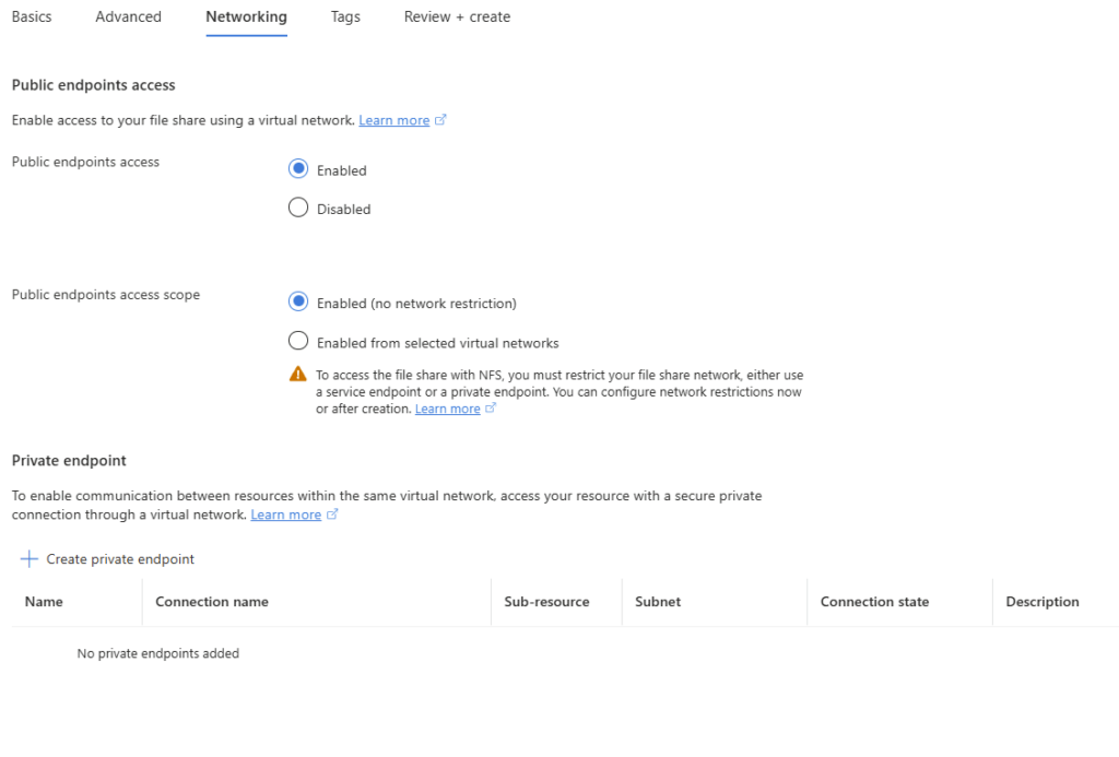 Onglet Networking de la création d'un file share Azure : public endpoint ou private endpoints au niveau du partage