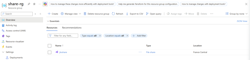 Le partage Microsoft.FileShares affiché comme ressource de premier niveau dans son groupe de ressources Azure