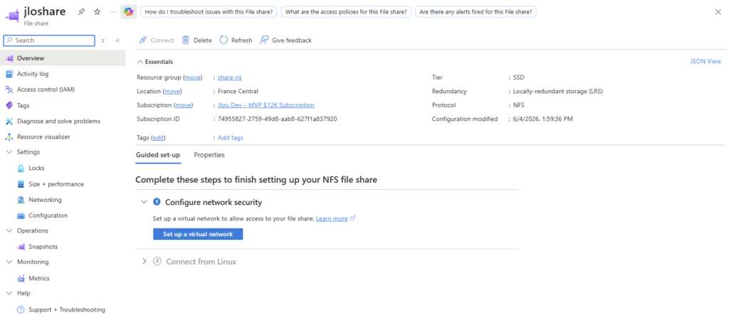 Lame du partage Microsoft.FileShares : absence de clé de compte, contrairement au storage account classique