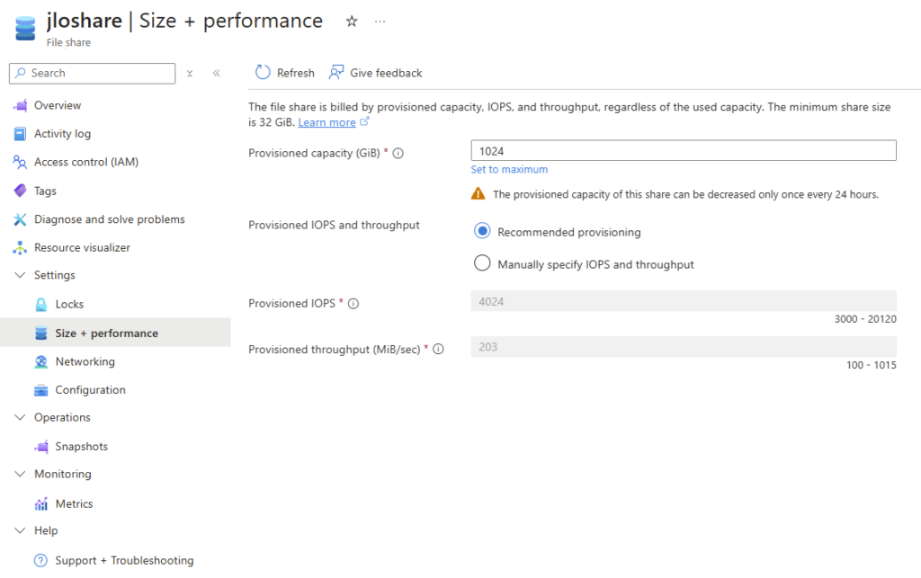 Réglages de capacité, d'IOPS et de débit d'un partage Microsoft.FileShares, modifiables après création