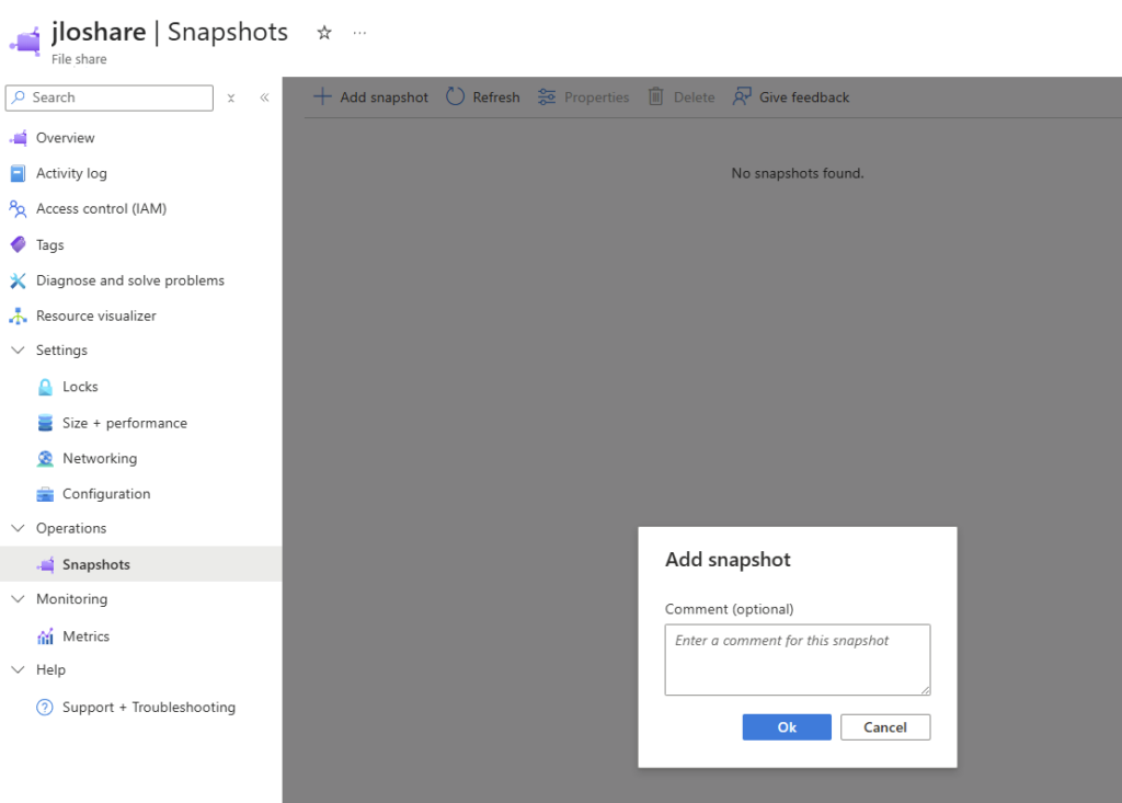 Menu Snapshots d'un partage Microsoft.FileShares : déclenchement manuel uniquement, sans planification