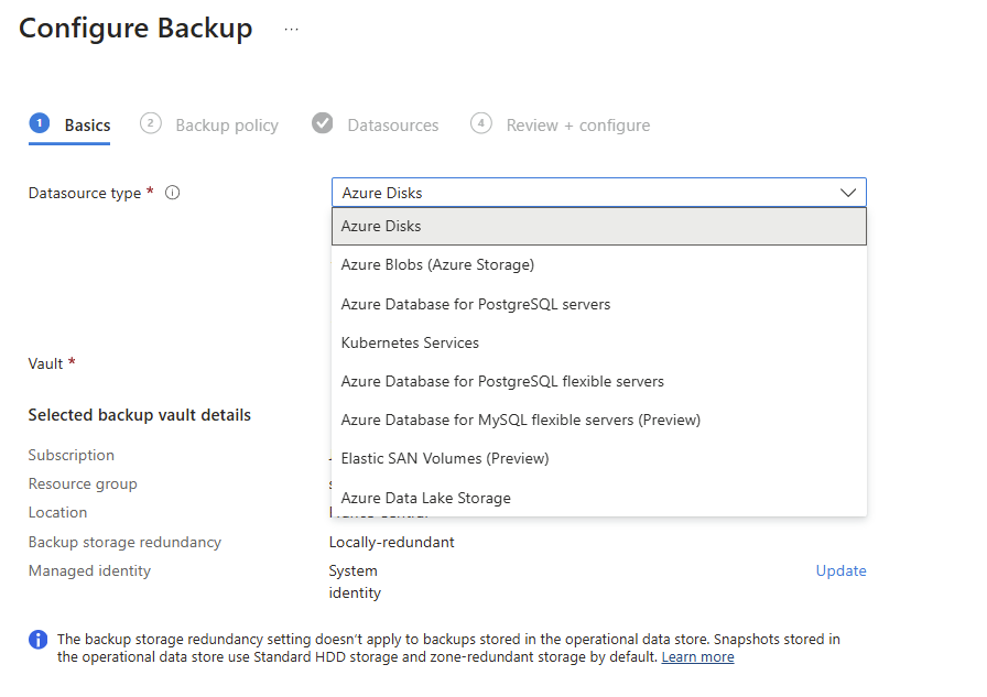 Backup vault Azure : le type de ressource Microsoft.FileShares n'est pas pris en charge pour la sauvegarde