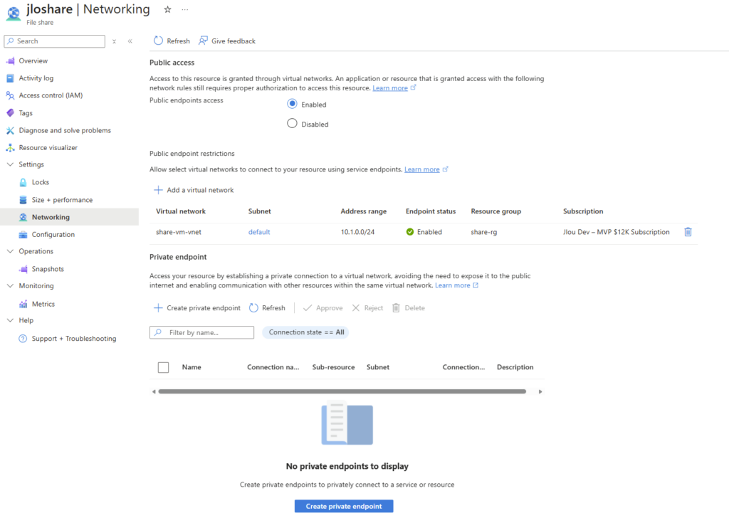Réseau du partage Microsoft.FileShares relié à la machine Linux via un Service Endpoint