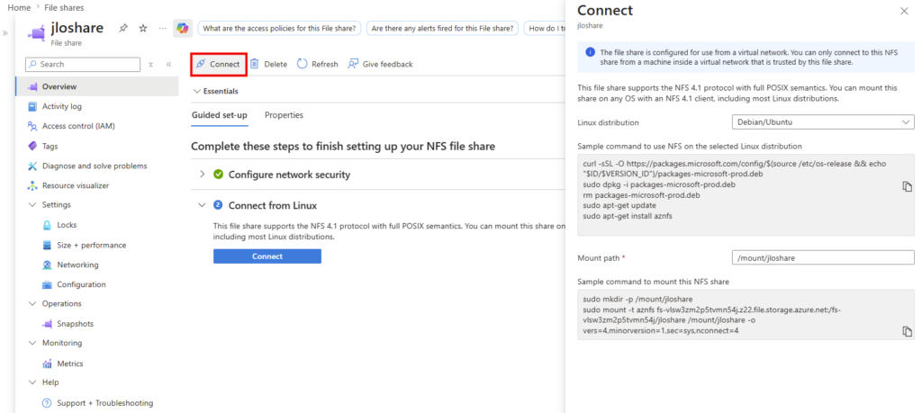 Lame Connect du partage Microsoft.FileShares affichant la commande de montage NFS