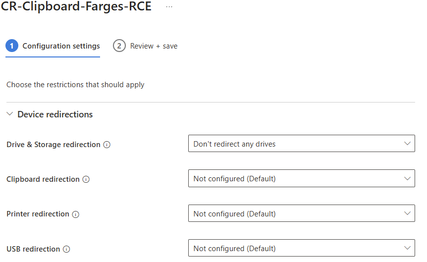 Documentation Microsoft Learn listant les quatre redirections pilotables par contexte d'authentification : Clipboard, Drive, Printer et USB