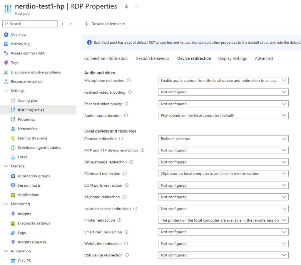 Propriétés RDP d'un host pool Azure Virtual Desktop montrant les options de redirection désactivées globalement