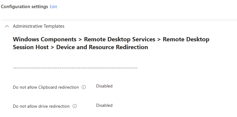 Policy Intune Settings catalog avec les réglages de redirection appliqués globalement à toutes les connexions