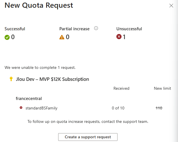 Message de refus d'une demande d'augmentation de quota Azure pour la série Bs