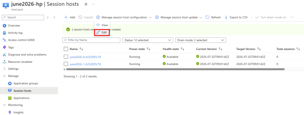 Portail Azure : modification de la configuration d'hôte de session d'un pool AVD
