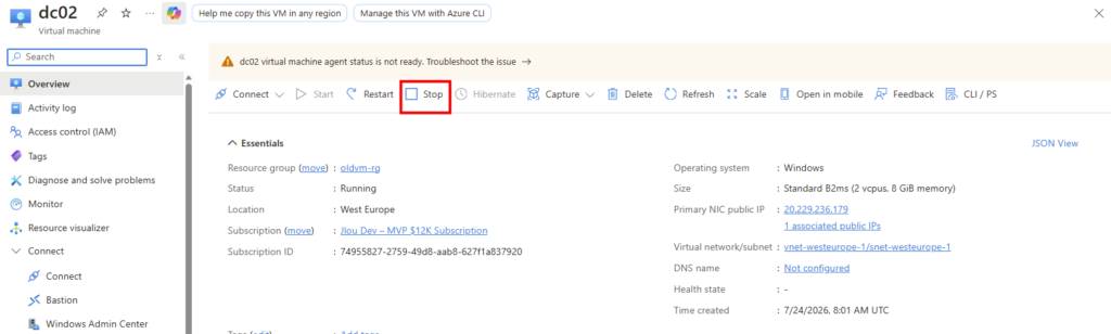 Bouton Stop d'une machine virtuelle dans le portail Azure pour la désallouer avant redimensionnement