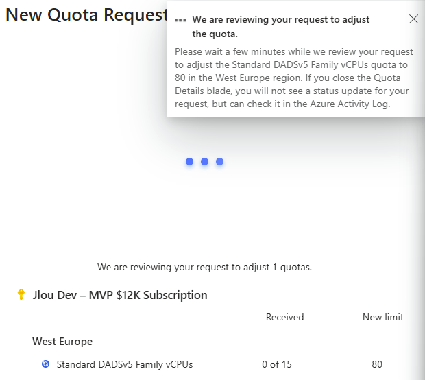 Bouton Request increase pour demander une augmentation de quota sur une série cible dans le portail Azure