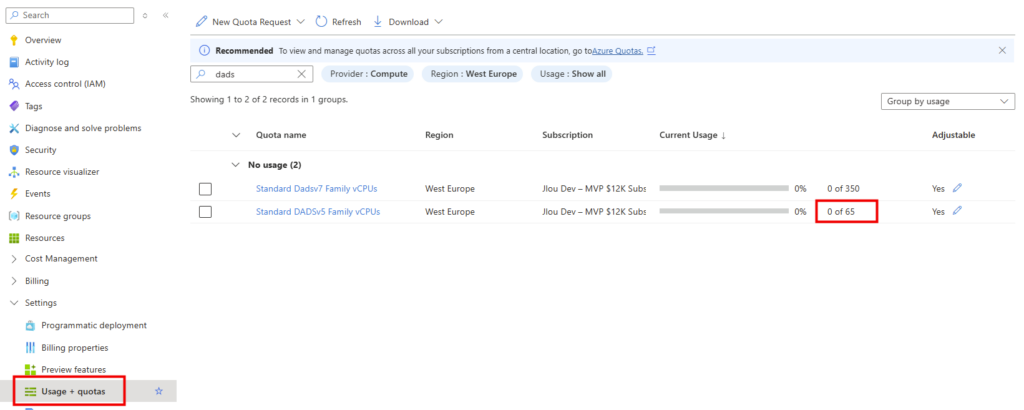 Page Usage + quotas d'un abonnement dans le portail Azure