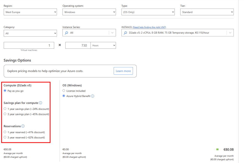Calculateur de prix Azure comparant le coût d'une ancienne série de VM et d'une série cible récente