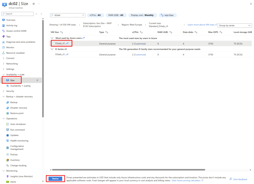 Volet Size d'une machine virtuelle dans le portail Azure avec le bouton Resize