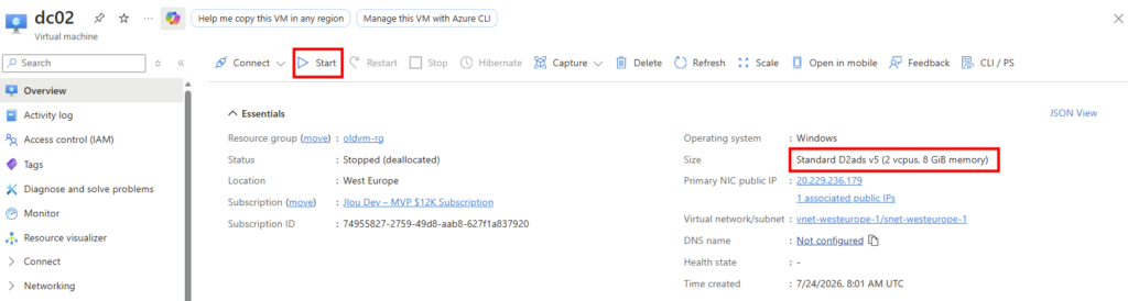 Bouton Start pour redémarrer une machine virtuelle Azure après redimensionnement