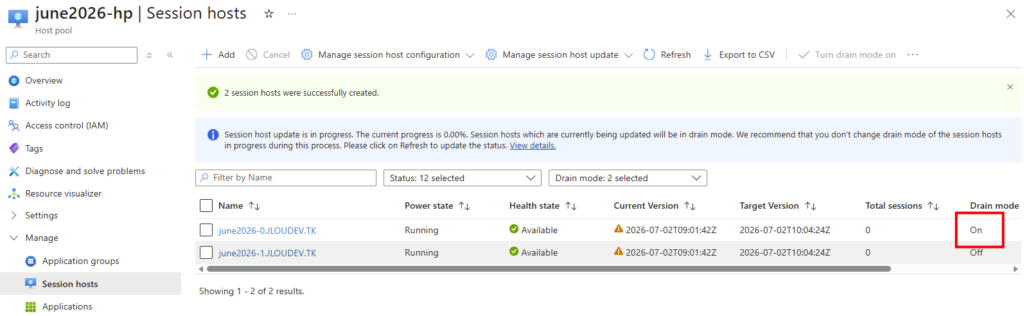 Portail Azure : hôte de session en mode drain pendant le remplacement d'une machine virtuelle AVD
