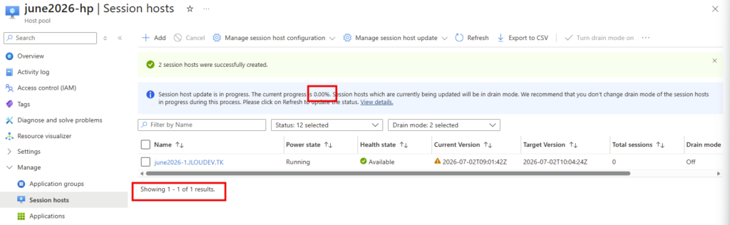 Portail Azure : progression en pourcentage d'une mise à jour de l'hôte de session AVD
