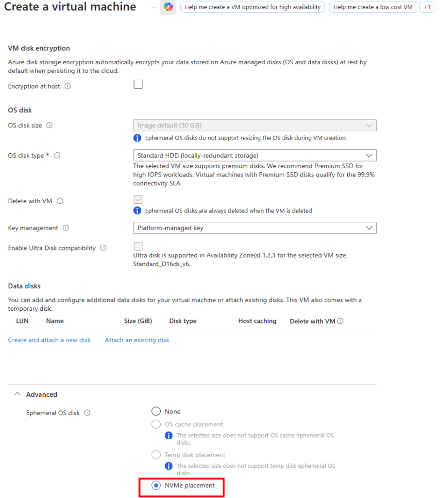Portail Azure : création manuelle d'une VM avec disque éphémère à rattacher au pool d'hôtes AVD