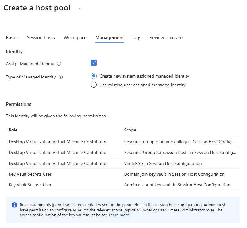 Portail Azure : assignation d'une identité managée à un pool d'hôtes Azure Virtual Desktop