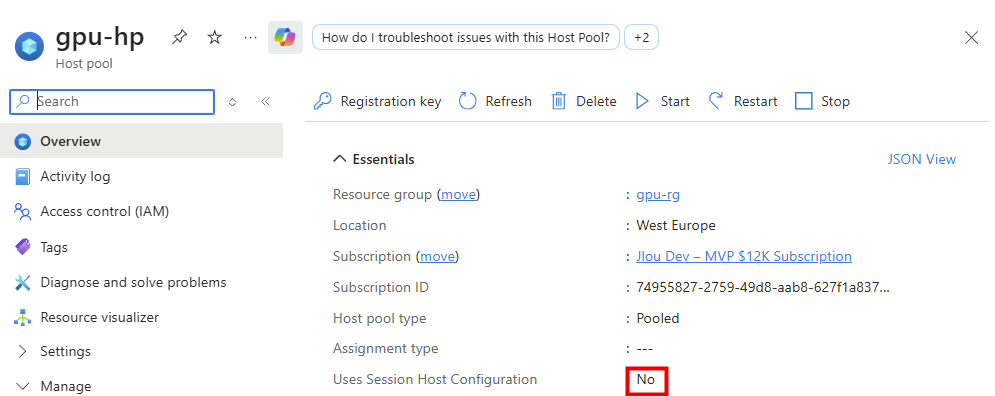 Portail Azure : la configuration d'hôte de session réservée aux pools d'hôtes mutualisés